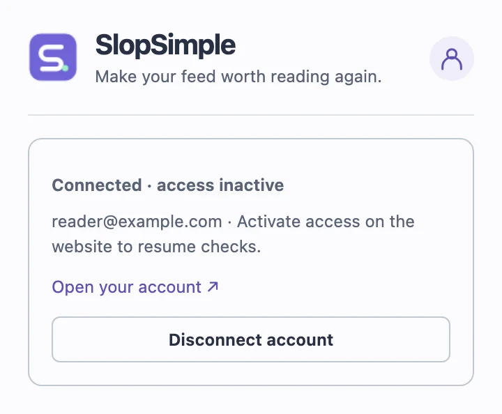 Extension profile open with Connected · access inactive and a link to Open your account.